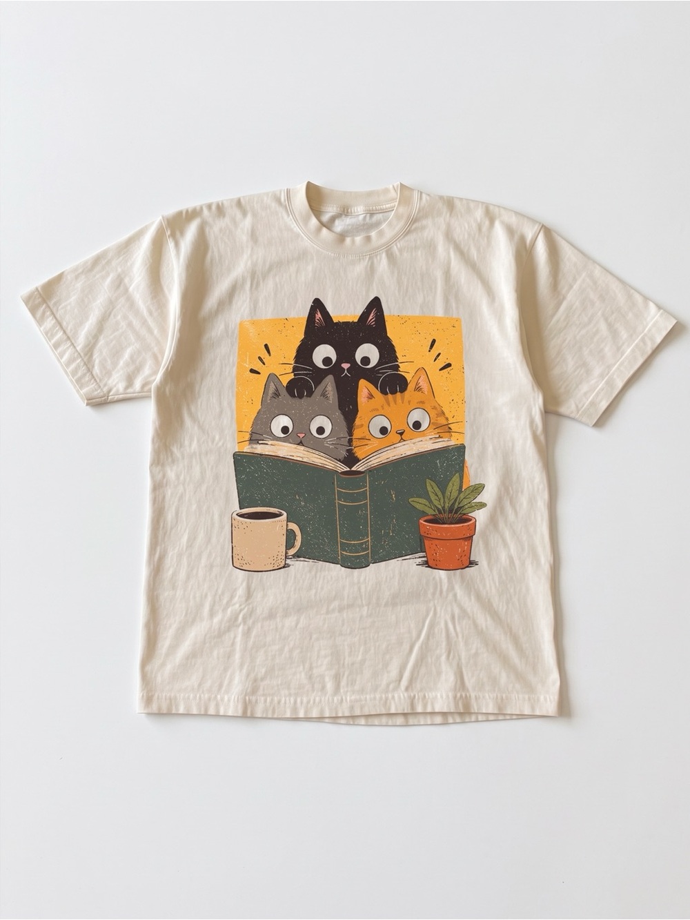 Gildan Cream Tee with Black, Gray & Orange Cat Reading Graphic